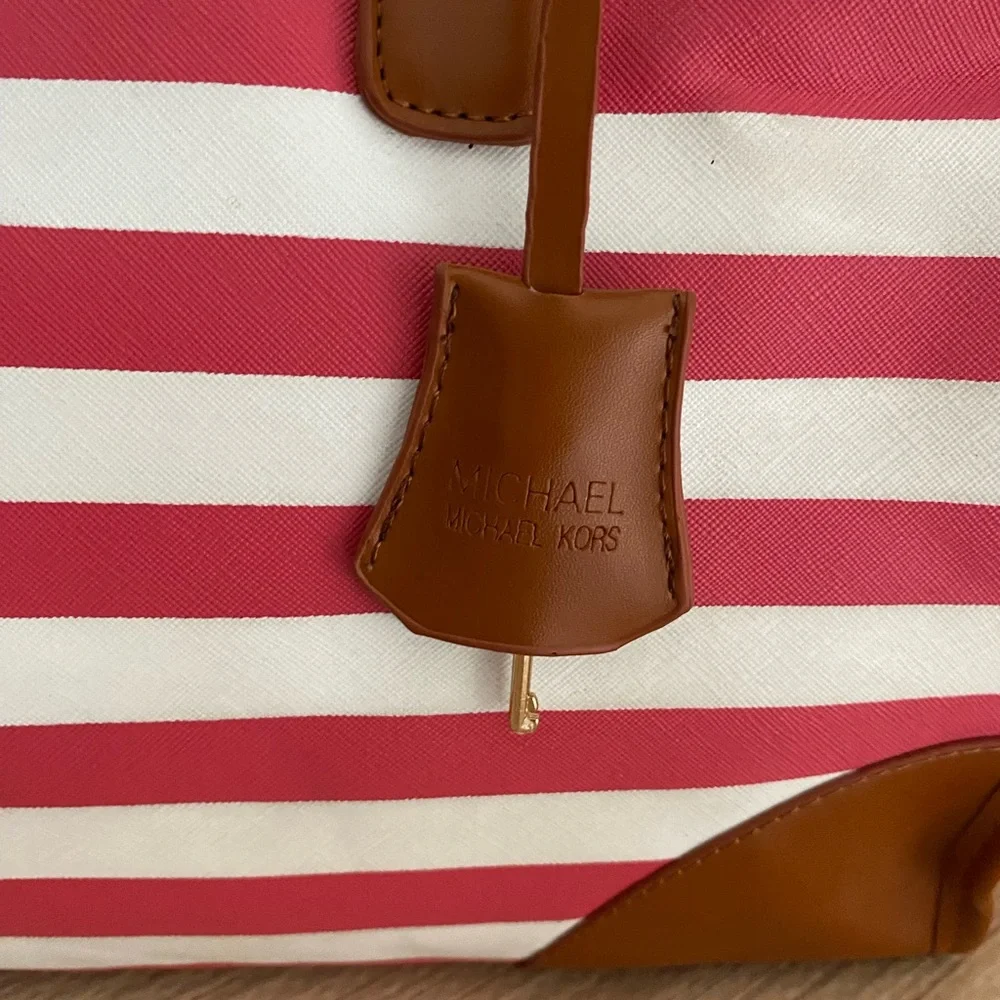 Michael Kors Hamilton Red/White Striped Canvas Leather Large Tote Purs